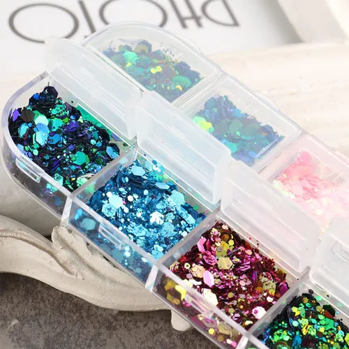 Miniatura 7 de Lentejas de purpurina camaleón para uñas, lentejuelas de arte de uñas holográficas 3D con gradiente láser, polvo de purpurina brillante en gel UV