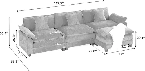 Miniatura 2 de Sofá seccional modular beige de 117.3", sofás seccionales grandes de 3 plazas para sala de estar, sofá nube oversized de tela chenille con otomana