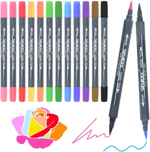 SAYEEC Bolígrafos de pincel de acuarela duales, 12 colores, marcadores para colorear artísticos, bolígrafos de dibujo con punta fina y punta de