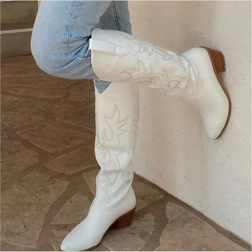 Miniatura 3 de MeiLuSi Botas vaqueras para mujer, hasta la rodilla, botas vaqueras con punta puntiaguda, tacón grueso, zapatos de gamuza con bordado
