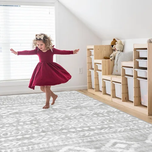 Miniatura 8 de Lahome Alfombra marroquí bohemia de 5 x 7 pies, lavable, color gris, antideslizante, de pelo bajo, suave, con estampado tribal, para sala de estar