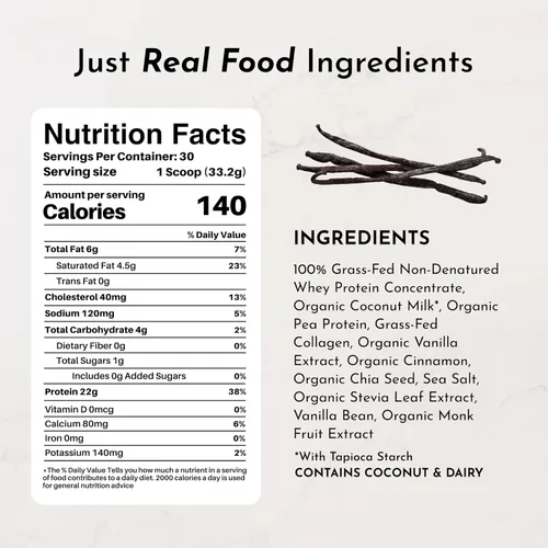 Miniatura 7 de JUST INGREDIENTS Polvo de Proteína de Vainilla – Mezcla de 30 Porciones con 100% Suero de Leche Alimentado con Hierba y Proteínas Vegetales