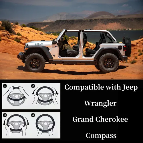 Miniatura 6 de Yangday Funda de cuero para volante de automóvil para Jeep Wrangler Grand Cherokee Compass, 14.5-15 pulgadas, funda antideslizante transpirable Azul