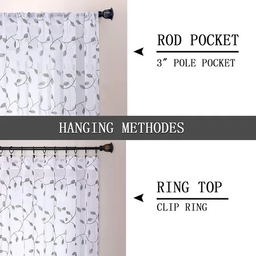 Miniatura 5 de Tollpiz Cortinas Cortas Transparentes de Hojas con Bordado de Hojas Grises, Cortinas de Dormitorio con Bolsillo para Barra, Voile de Lino Sintético