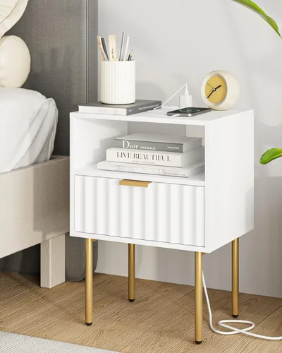 Miniatura 8 de Aienvey Mesita de noche con estación de carga, mesita de noche acanalada con cajón de almacenamiento y estante de madera abierto, mesa auxiliar