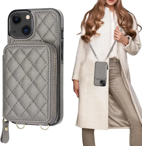 Bocasal Funda tipo cartera con bandolera para iPhone 13, de cuero PU con bloqueo RFID, con cierre de cremallera, cartera tipo bolso con función Gris