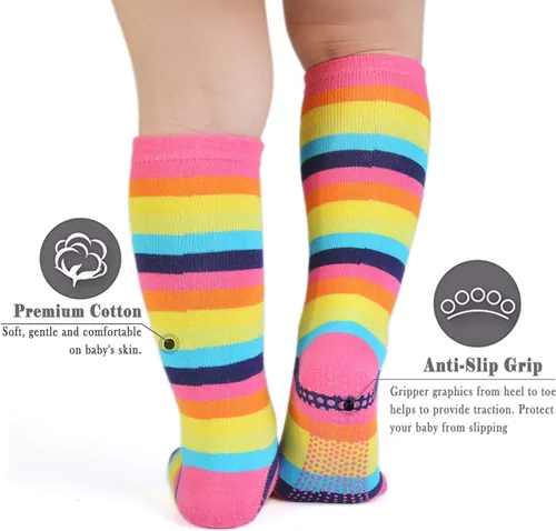 Miniatura 10 de EPEIUS Calcetines altos hasta la rodilla con rayas de arco iris para bebé, calcetines de tubo antideslizantes para uniforme de fútbol para niños