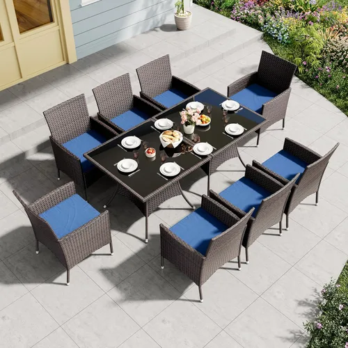 Juego de 10 piezas de comedor para patio al aire libre, mesa de patio y sillas de ratán con agujero para paraguas, juego de mesa de comedor para 8