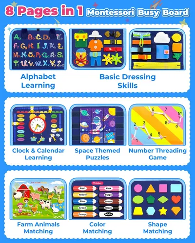 Miniatura 3 de Gojmzo Juguetes Montessori de tablero ocupado para niños pequeños, regalos de cumpleaños, libro ocupado, juguetes sensoriales para niños pequeños