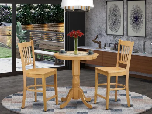 Miniatura 6 de East West Furniture EDGR3-OAK-W - Juego de mesa de comedor de 3 piezas de altura para encimera de cocina, contiene una mesa redonda de madera