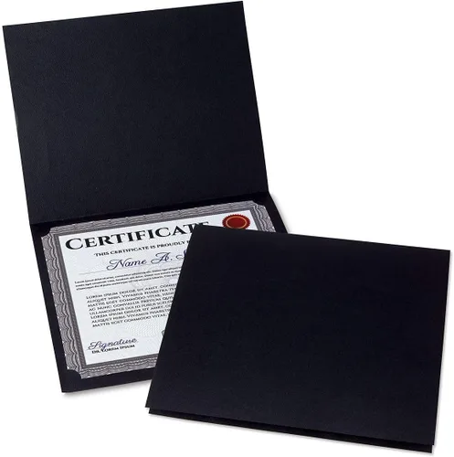 Miniatura 10 de Carpetas de certificado color negro liso – Paquete de 25, cubierta de lino de 80 libras, plegadas, esquinas troqueladas, para oficina, premios