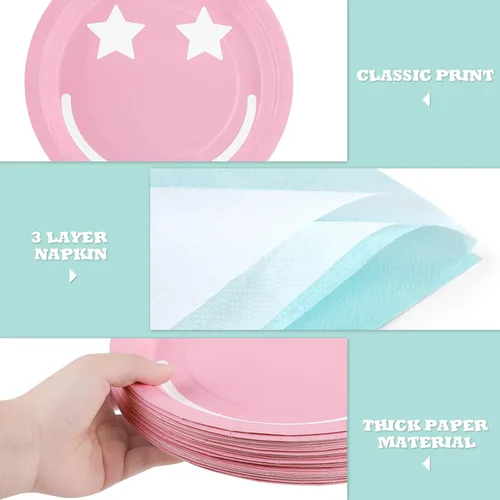 Miniatura 3 de Durony 350 Piezas de Decoración de Fiesta Preppy con Cara Sonriente, Suministros de Fiesta Pastel Incluyen Platos de Papel Sonrientes, Servilletas