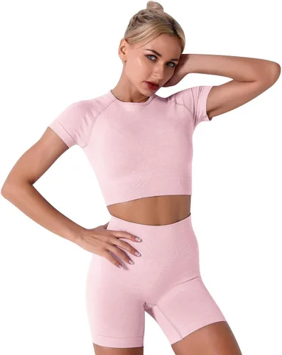Miniatura 4 de Conjunto de 3 piezas de yoga sin costuras para mujer, camiseta corta de manga corta, brasier deportivo para gimnasio, cintura alta, pantalones