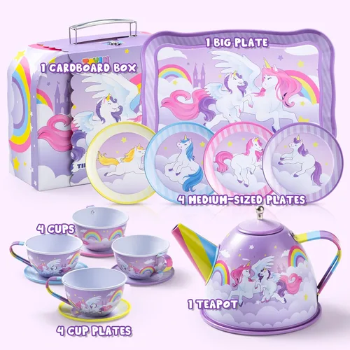 Miniatura 2 de JOYIN Juego de fiesta de té de unicornio para niñas pequeñas, juego de tetera de lata morada, juguete de cocina con tetera, taza, plato, funda