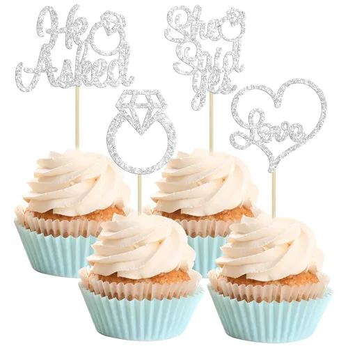 Miniatura 7 de Gyufise Paquete de 24 adornos para cupcakes con purpurina negra con la frase "He Asked She Said Yes" para cupcakes, anillos de corazón con purpurina