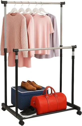 Perchero resistente con ruedas resistentes, capacidad de carga de 450 libras, estante antideslizante de metal ajustable para colgar ropa, bloqueable