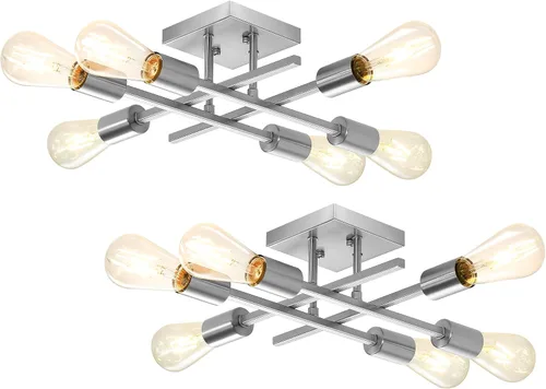Miniatura 11 de Lámpara de techo semiempotrada de 6 luces, níquel cepillado industrial cerca del techo, moderna base E26 Sputnik lámpara de techo para cocina