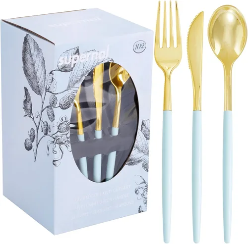 Miniatura 10 de Supernal 102 cubiertos de plástico dorados, cubiertos dorados con mango negro, colección de cubiertos desechables, incluye 34 tenedores de plástico