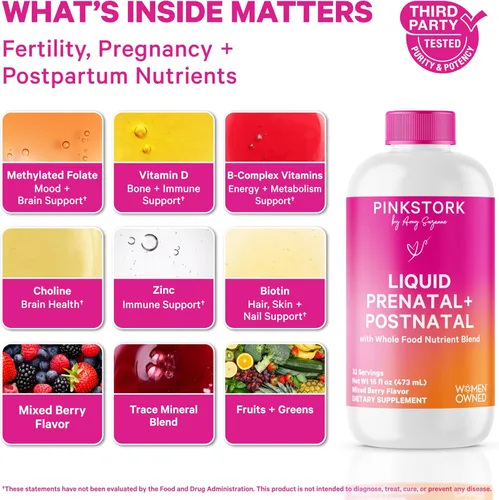 Miniatura 2 de Pink Stork Vitaminas prenatales líquidas: mezcla orgánica de alimentos integrales + folato + hierro + zinc + vitamina C + saúco + biotina, mejor