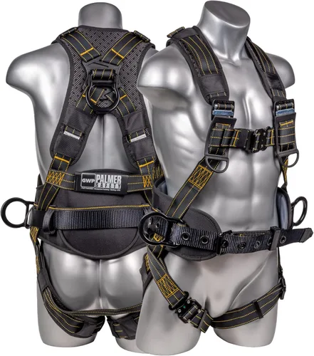 Palmer Safety Hammerhead - Arnés de seguridad acolchado de 5 puntos, pecho QCB, correas de patas con hebilla de lengua, anillos en D traseros y Negro