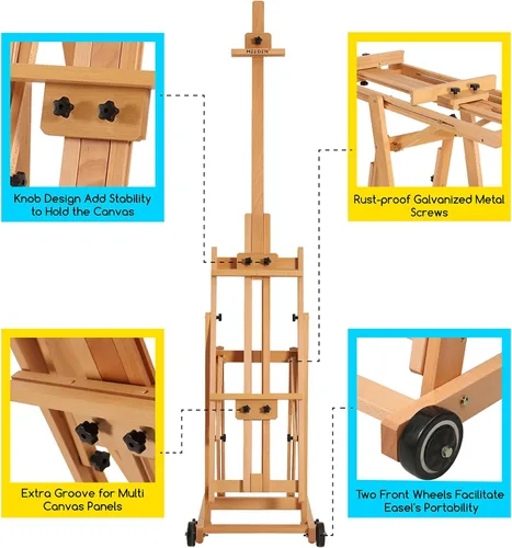 Miniatura 5 de MEEDEN Caballete versátil con marco en H de estudio – Caballete de estudio de madera de haya ajustable para todos los medios, soporte de caballete
