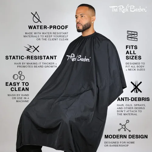Miniatura 2 de The Rich Barber 360 Barber Cape Delantal de corte de pelo profesional ligero Vestido de corte de pelo de tela resistente al agua, Negro