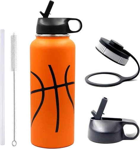 Miniatura 29 de Botella de agua de baloncesto de 12 onzas, botella de agua deportiva aislada al vacío de acero inoxidable con popote y 2 tapas, botella de agua
