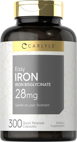 Carlyle Suplemento Easy Iron para mujeres y hombres, 28 mg, 300 cápsulas, como bisglicinato ferroso, sin OMG y sin gluten