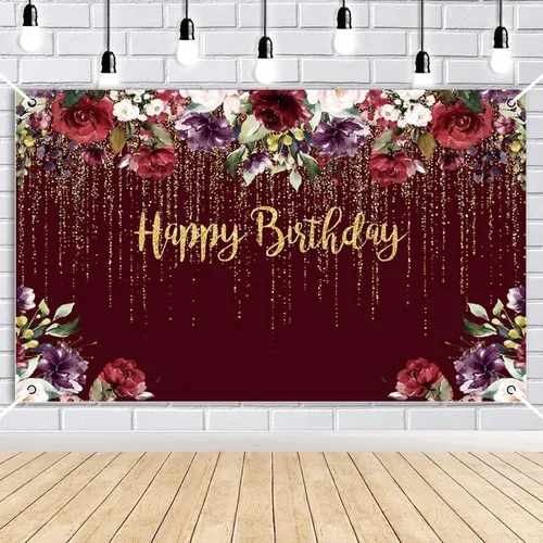 Miniatura 7 de AIBIIN Cartel de feliz cumpleaños, decoración de fiesta de cumpleaños de rosa roja para mujer, con purpurina dorada floral, suministros de fiesta