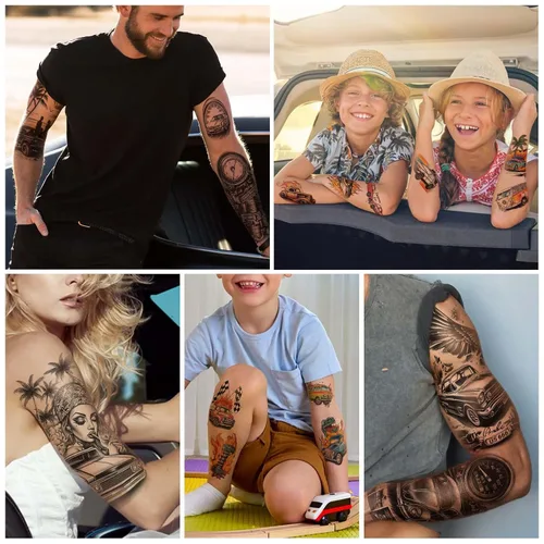 Miniatura 5 de 77 hojas de tatuajes temporales para automóvil, adultos, adolescentes, niños, realistas, tatuajes falsos de media manga, calcomanías de arte