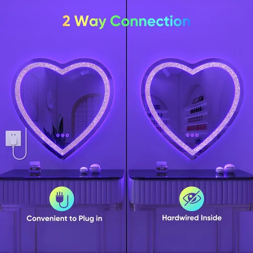 Miniatura 5 de Espejo en forma de corazón de 24"x24", espejo de diamante aplastado, espejo de tocador LED RGBWY con luces, 3 modos de iluminación y 7