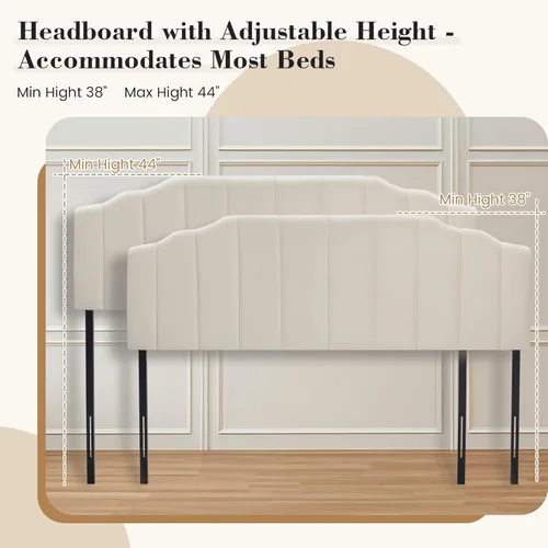 Miniatura 4 de Cabecera tapizada de altura ajustable, cabecera de terciopelo crema, diseño moderno de canal vertical con borde superior de silueta escalonada Beige
