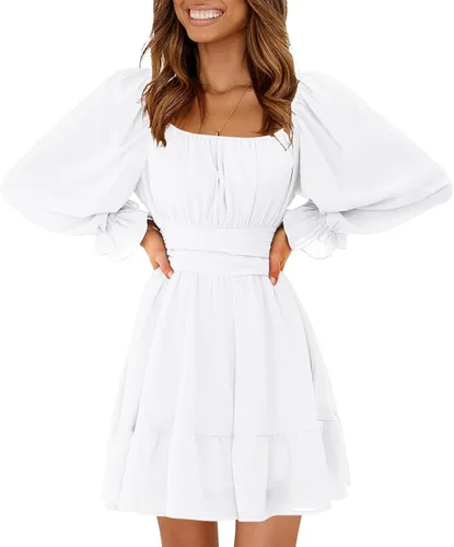 EXLURA - Vestido corto casual de manga larga tipo farol para mujer, cuello cuadrado, volantes, lazo en la espalda, cintura elástica, vestido corto