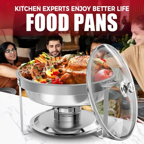 Miniatura 7 de IMACONE Juego de Bandejas Calentadoras de Buffet 4 Piezas, 5QT Redondas de Acero Inoxidable con Tapa de Vidrio para Catering, Conjuntos
