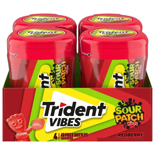 Miniatura 29 de Trident Vibes SOUR PATCH KIDS - Goma de mascar sin azúcar de frambuesa azul, 4 botellas de 40 piezas (160 piezas en total)