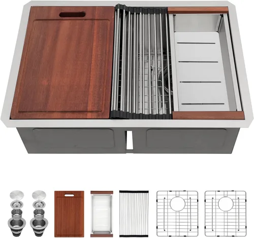 Sarlai 28 Fregadero de cocina bajo encimera de doble tazón - Fregadero bajo encimera de acero inoxidable de 28x19 pulgadas de calibre 16, con repisa