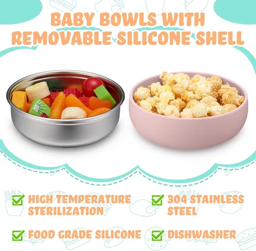 Miniatura 6 de Nuogo 2 Piezas Cuencos de Acero Inoxidable 304 para Bebé con Carcasa de Silicona Extraíble Cuencos para Niños Pequeños Recipiente Antiquemaduras