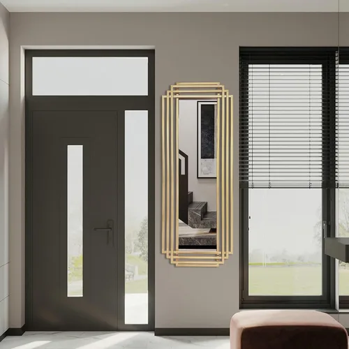 Miniatura 9 de Espejo de marco de metal geométrico, espejo de pared Art Deco moderno de 42 x 16 pulgadas, espejos decorativos rectangulares dorados para baño