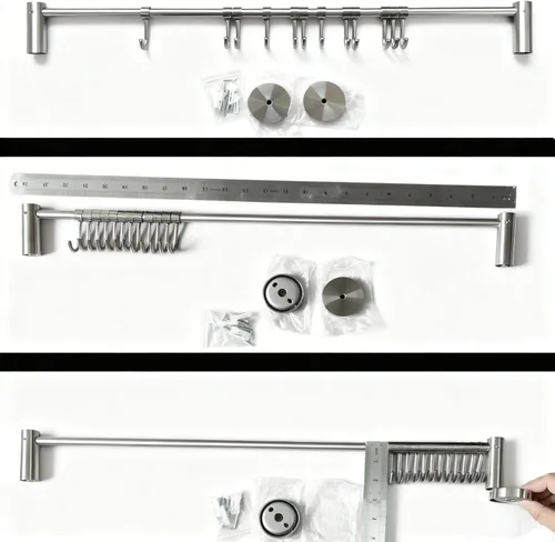 Miniatura 5 de Estante organizador de utensilios de cocina de acero inoxidable de alta calidad con ganchos móviles para olla de sartén, montaje en pared