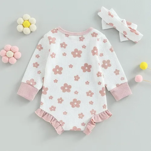 Miniatura 7 de Ropa de bebé recién nacida, sudadera floral de manga larga, mameluco con volantes, diadema de gofre, traje de otoño de una pieza
