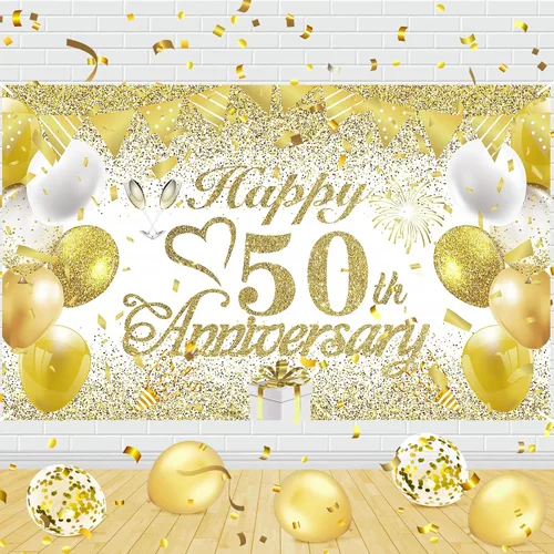 Cartel de decoración del 50º aniversario de boda, pancarta de oro blanco con el texto en inglés "Happy 50th Anniversary" para mujeres y hombres,