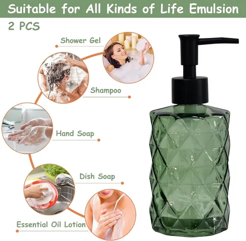 Miniatura 4 de Dispensador de jabón de vidrio verde con bomba de plástico negro, dispensador de jabón líquido para manos recargable de 12 oz, paquete de 2 botellas