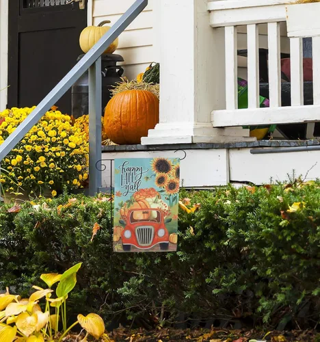 Miniatura 6 de Bandera de jardín Happy Fall Y'all – 12 x 18 pulgadas, doble cara, decoración de otoño, Halloween, cosecha de otoño, decoración de Acción de Camión