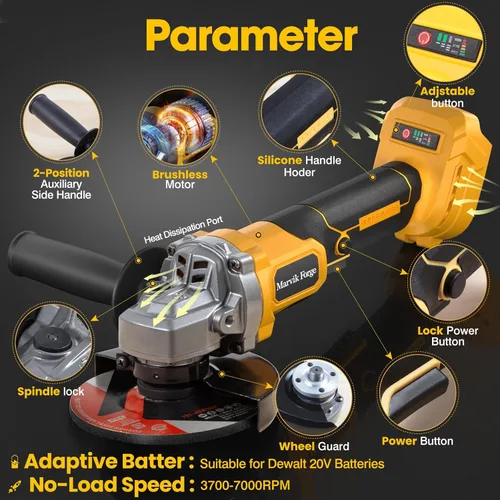 Miniatura 8 de Amoladora angular inalámbrica compatible con batería Dewalt de 20 V (sin batería), motor sin escobillas, 3 velocidades variables, interruptor
