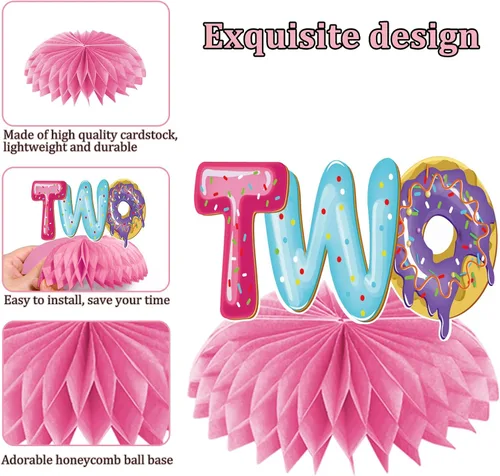 Miniatura 5 de Aodocuto 10 piezas de decoración de fiesta de segundo cumpleaños con dos donas para bebés niños y niñas, dona dos dulces suministros de fiesta