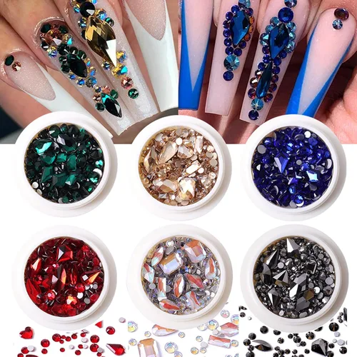 RODAKY Juego de 6 cajas de diamantes de imitación para arte de uñas, varios tamaños, diamantes de imitación de cristal para diseño de uñas, gemas de