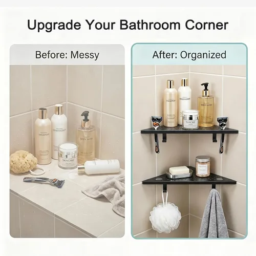 Miniatura 8 de HIDROP 2 Pack Corner Shower Shelves with 4 Hooks & 4 Razor Holes, 10" Matte Black Stainless Steel Bathroom Corner Shelf, Embed into Tile Gap Shower