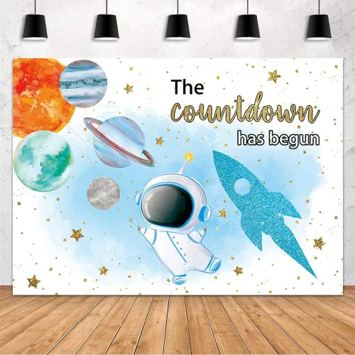 Miniatura 2 de MEHOFOND Telón de fondo espacial para baby shower, astronauta azul, The Countdown Has Begun, telón de fondo del espacio exterior, suministros