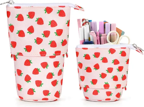 Miniatura 13 de Lindo estuche de pie de lápices para niños, estuche de lápices desplegable, bolsa de maquillaje, regalo de Navidad, estuche de lápices de lona