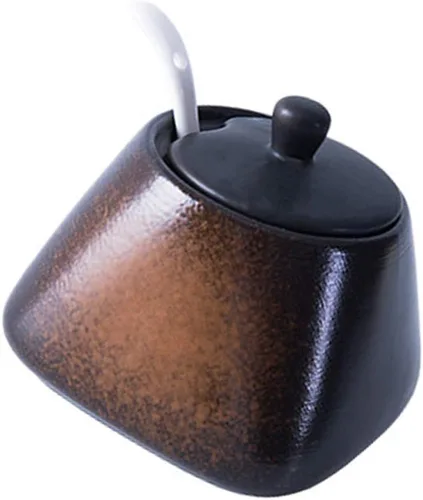 Miniatura 10 de Cabilock Azucarero japonés de cerámica, recipiente de condimento vintage, tarro de almacenamiento de sal con tapa y cuchara para cocina, Moca